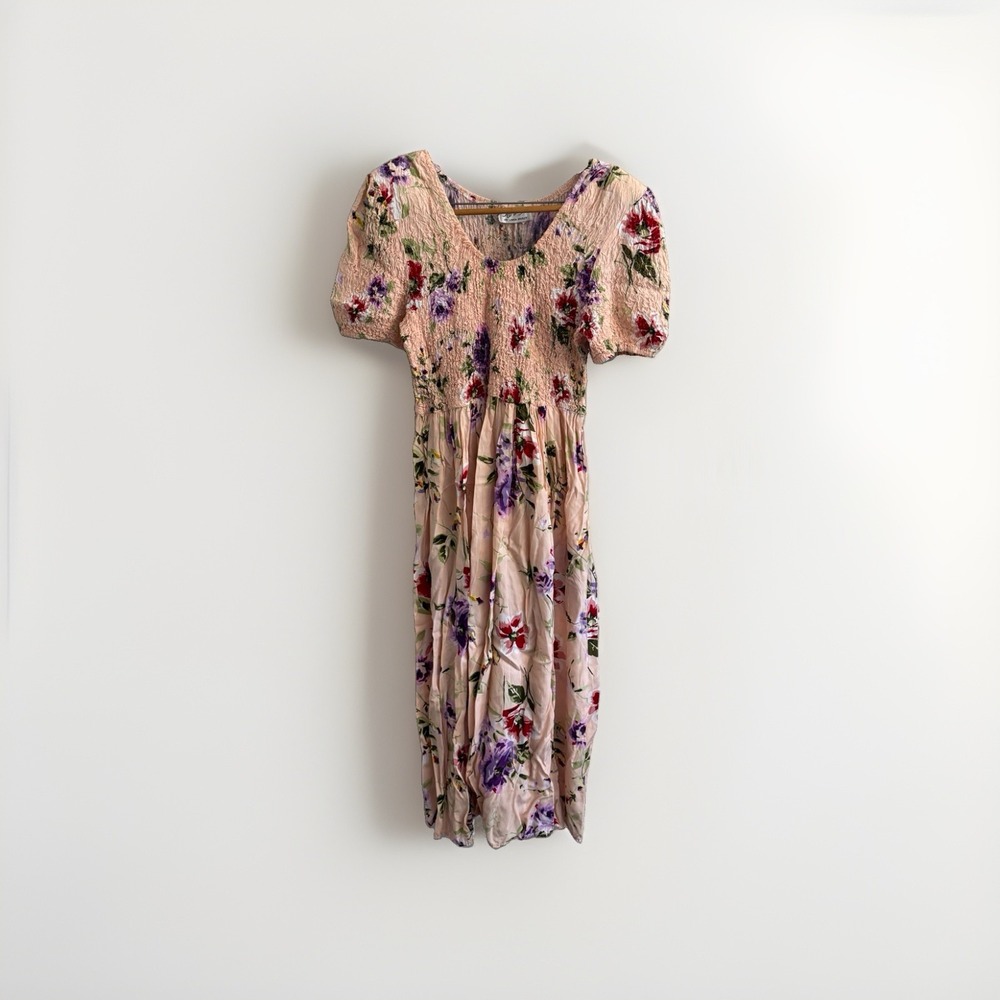 Jeffrey & Dara Womens Floral Smocked Maxi Dress Rayon Scoop Neck Zip Size 12 USA